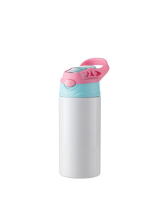 Botella de acero inoxidable para niños de 12 oz / 360 ml con pajita de silicona y tapa rosa (blanca) 