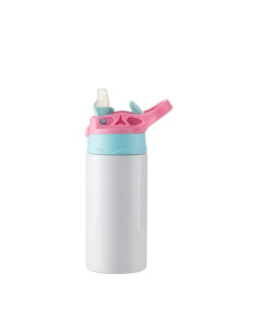 Botella de acero inoxidable para niños de 12 oz / 360 ml con pajita de silicona y tapa rosa (blanca)  2