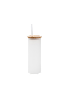 Gobelet fin en verre de 17 oz/500 ml avec couvercle en paille et en bambou (givré)