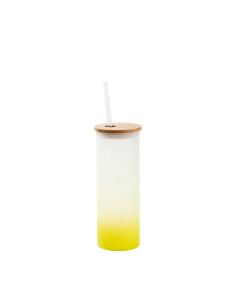 Gobelet fin en verre de 17 oz/500 ml avec couvercle en paille et en bambou (givré, dégradé jaune citron)