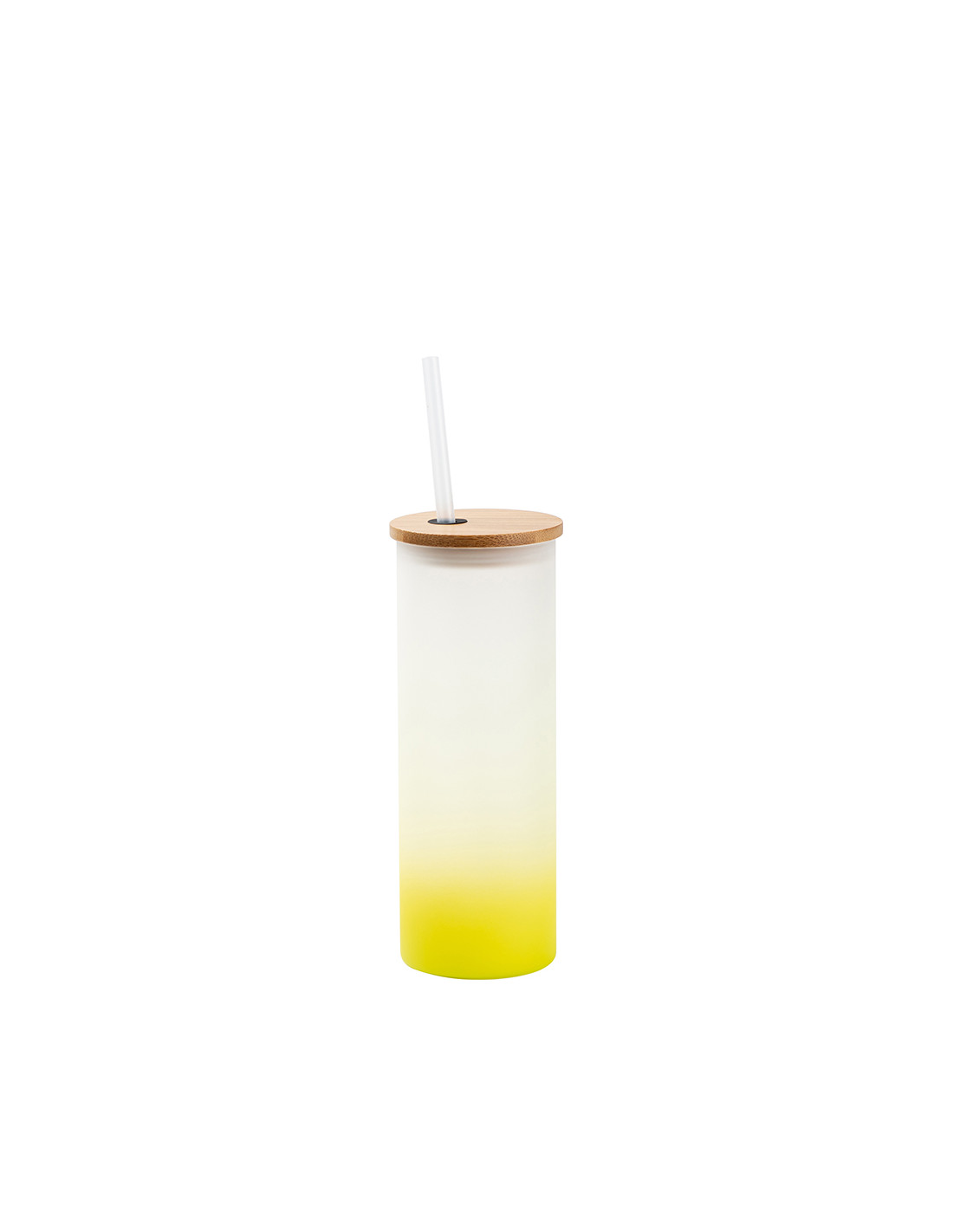 Gobelet fin en verre de 17 oz/500 ml avec couvercle en paille et en bambou (givré, dégradé jaune citron)
