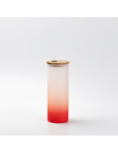 Gobelet fin en verre de 17 oz/500 ml avec couvercle en paille et en bambou (givré, rouge dégradé)