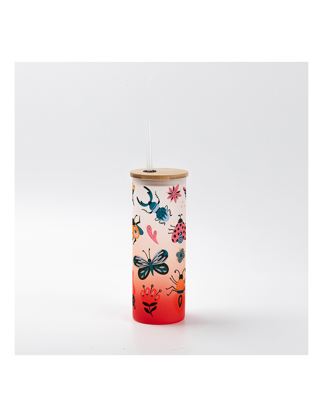 Gobelet fin en verre de 17 oz/500 ml avec couvercle en paille et en bambou (givré, rouge dégradé)