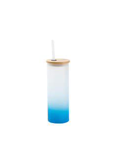 Gobelet fin en verre de 17 oz/500 ml avec couvercle en paille et en bambou (givré, dégradé bleu clair)