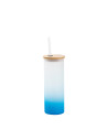Gobelet fin en verre de 17 oz/500 ml avec couvercle en paille et en bambou (givré, dégradé bleu clair)
