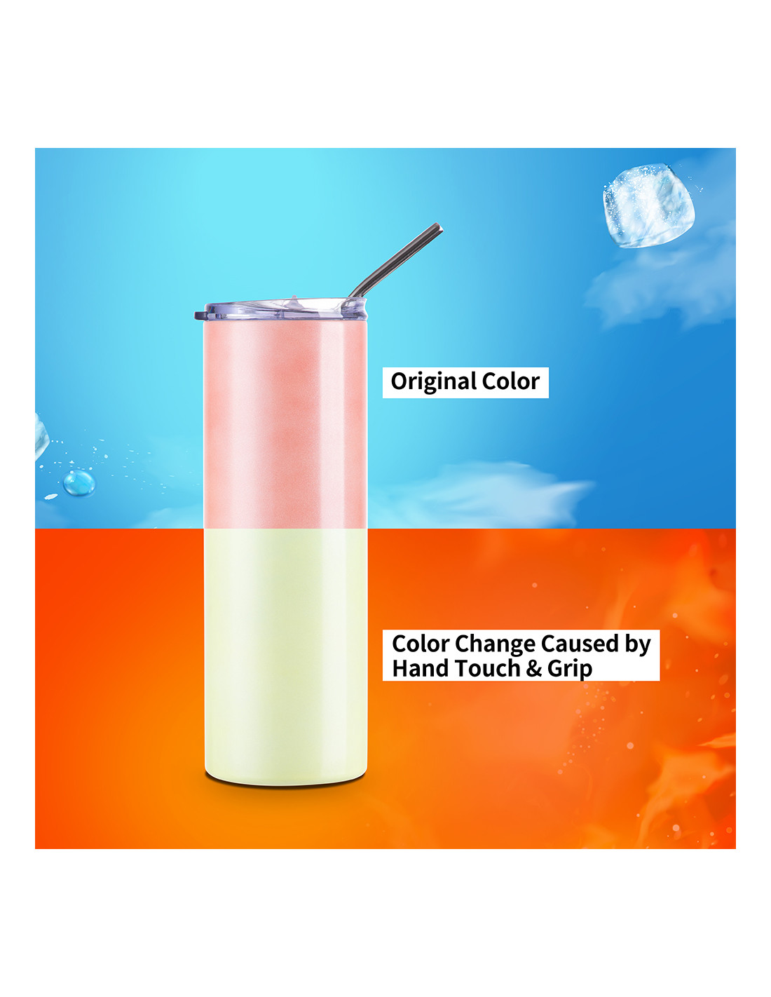 Gobelet SS à couleur changeante de 20 oz/600 ml avec paille et couvercle (sensible à la chaleur, orange à jaune)