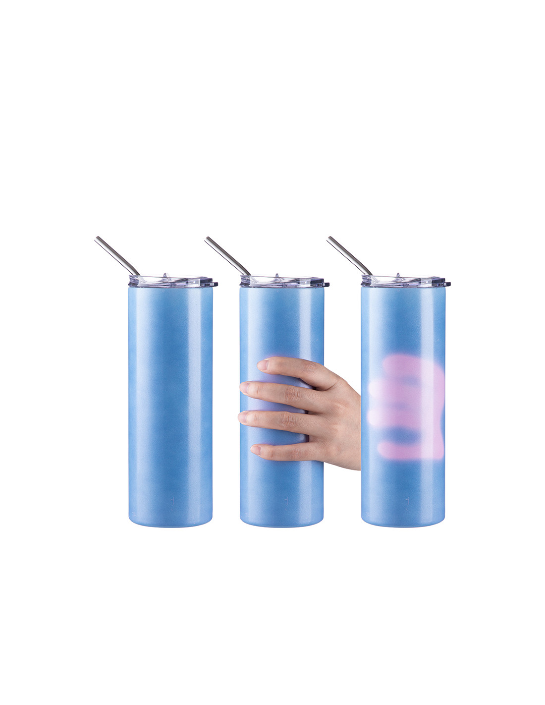 Gobelet SS à couleur changeante de 20 oz/600 ml avec paille et couvercle (sensible à la chaleur, bleu clair à rose)
