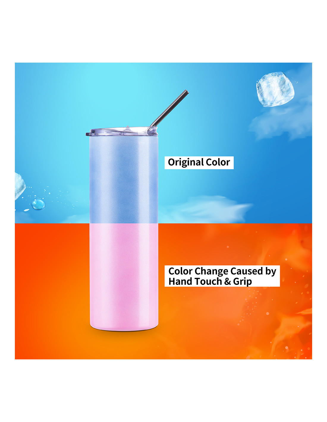 Gobelet SS à couleur changeante de 20 oz/600 ml avec paille et couvercle (sensible à la chaleur, bleu clair à rose)