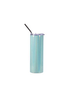 Gobelet fin en acier inoxydable scintillant à paillettes de 20 oz/600 ml avec paille (bleu clair)