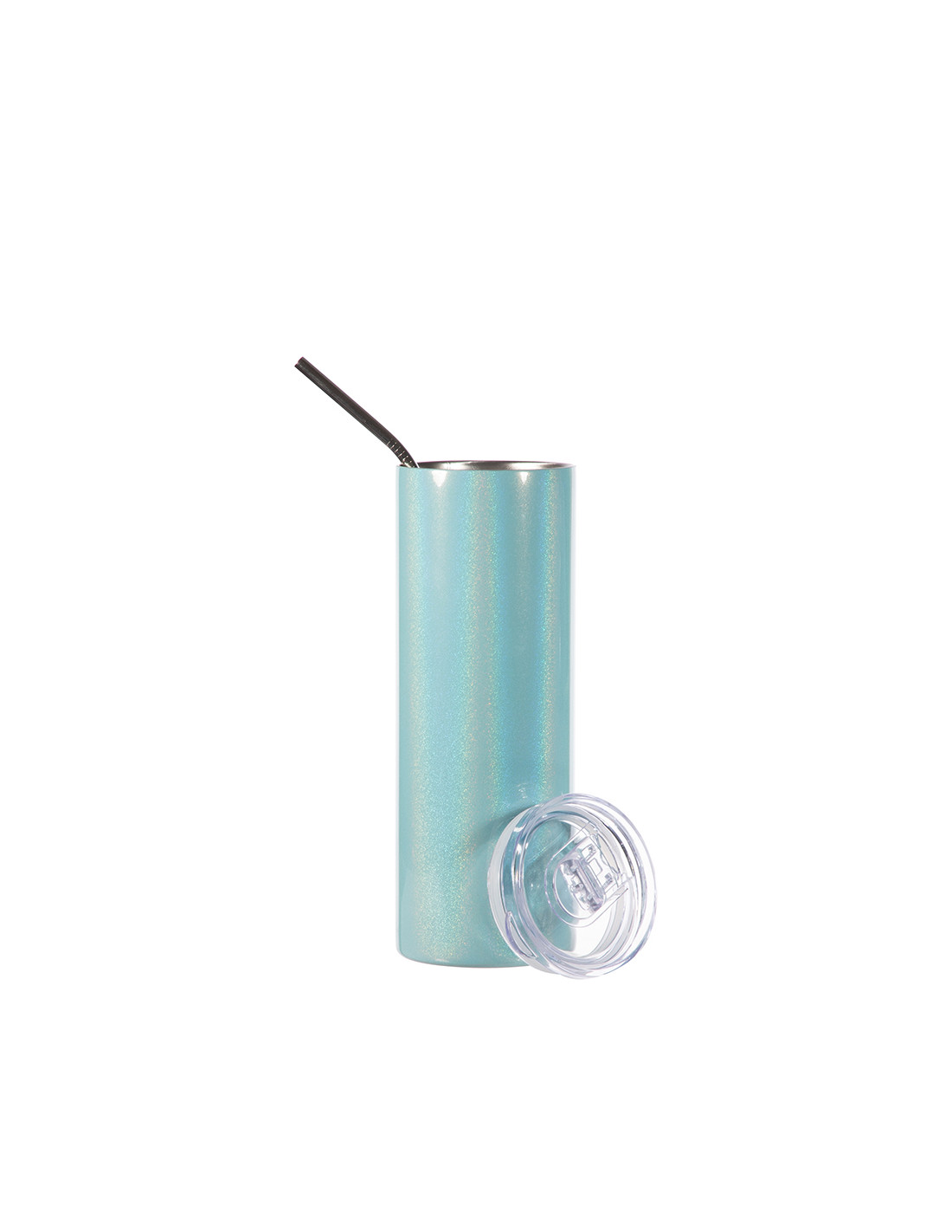Gobelet fin en acier inoxydable scintillant à paillettes de 20 oz/600 ml avec paille (bleu clair)