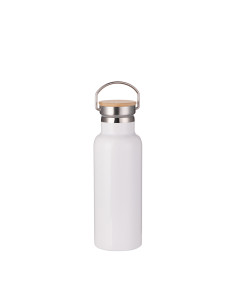 Botella de acero inoxidable con tapa de bambú portátil de 500 ml / 17 oz (blanca)